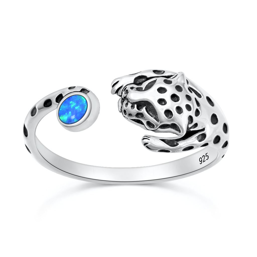 Sterling Silver Blue Synthetic Opal Cheetah Cat Ring