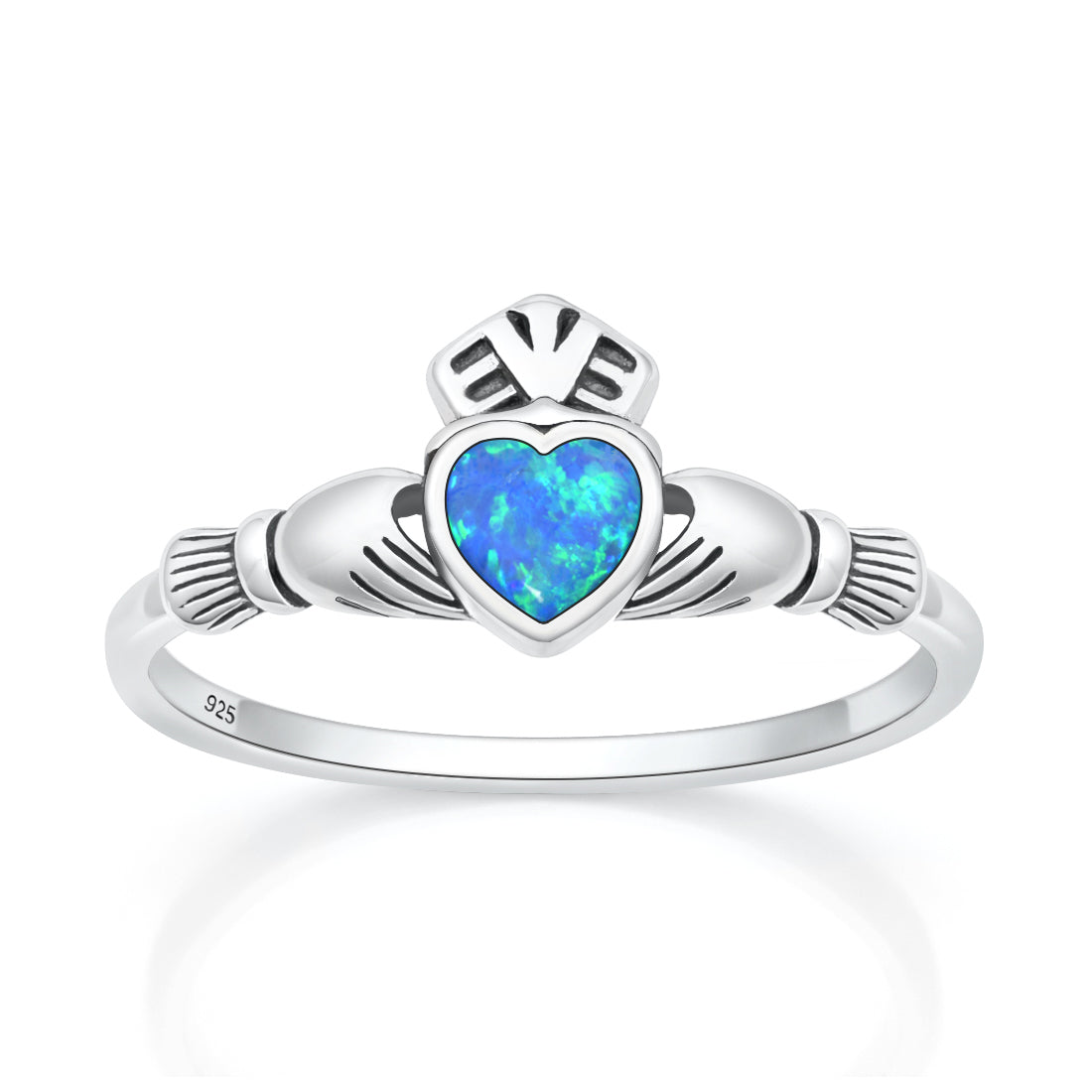 Sterling Silver Blue Synthetic Opal Irish Claddagh Heart Ring