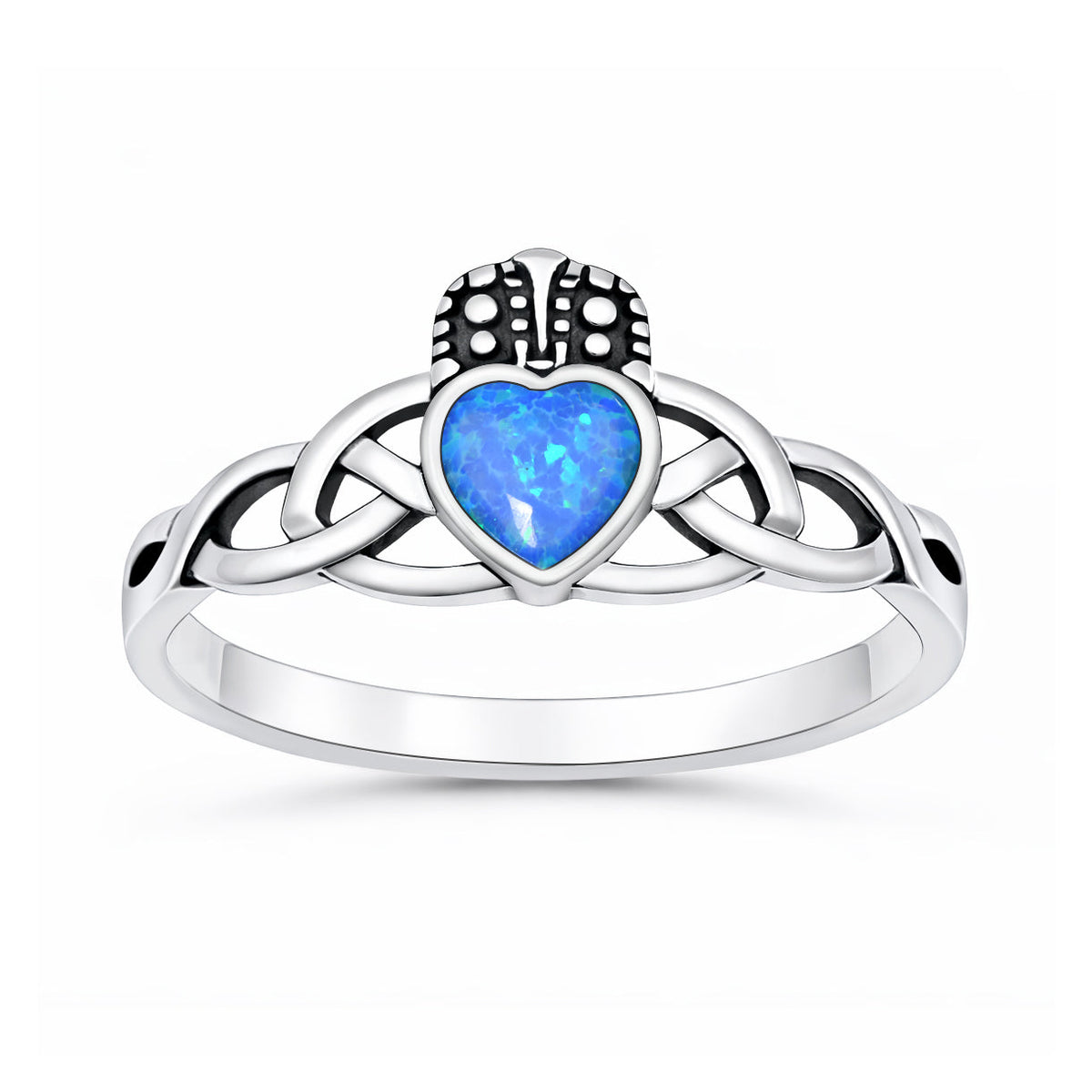 Sterling Silver Blue Synthetic Opal Celtic Claddagh Heart Ring