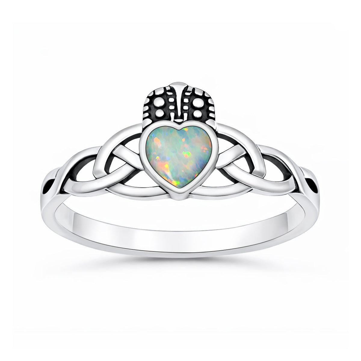 Sterling Silver White Synthetic Opal Celtic Claddagh Heart Ring