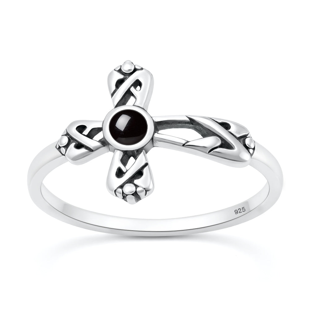 Sterling Silver Black Agate Cross Ring