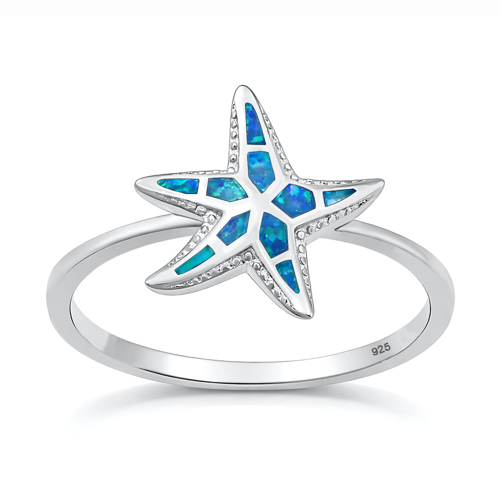 Sterling Silver Blue Synthetic Opal Starfish Ring