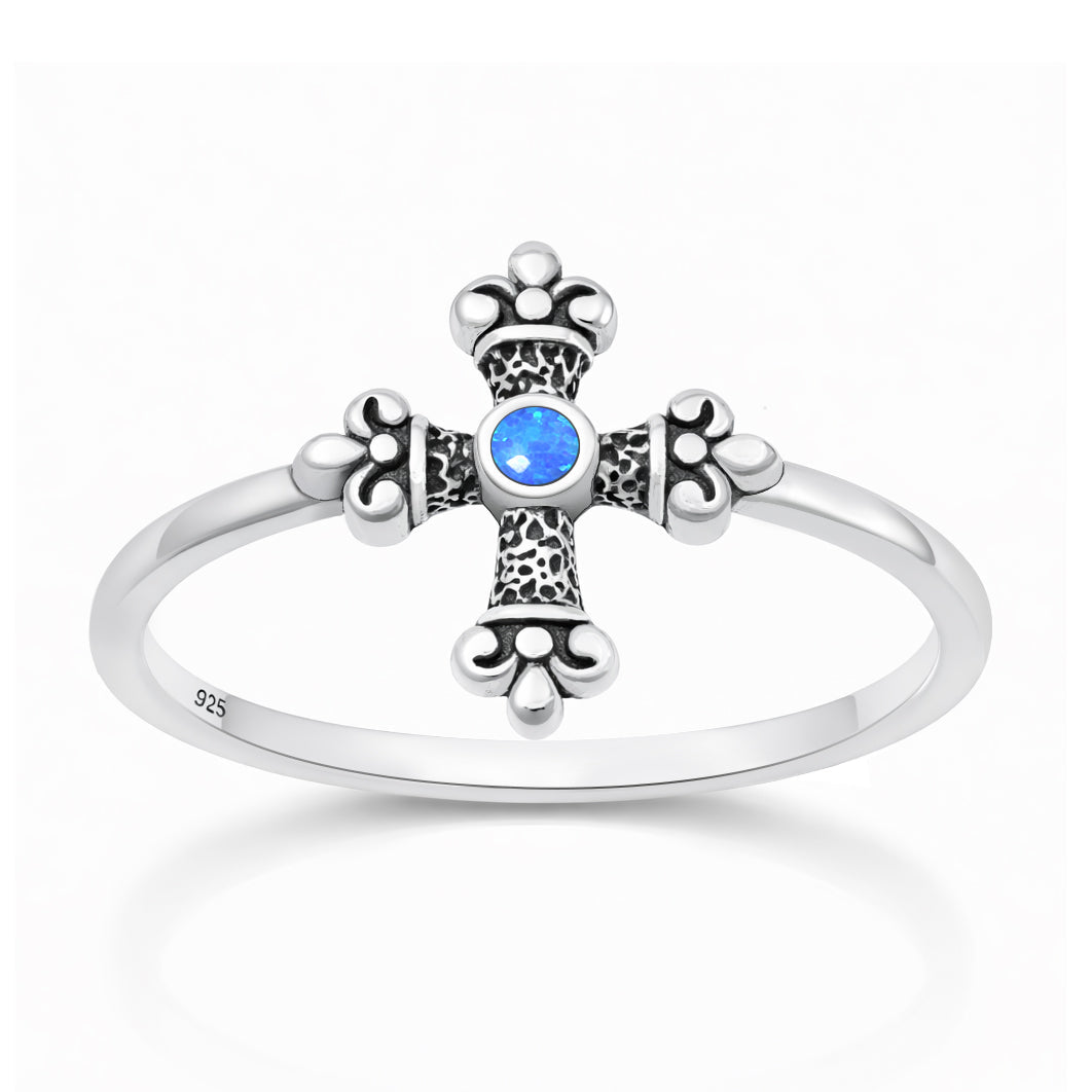Sterling Silver Blue Synthetic Opal Medieval Cross Christian Ring