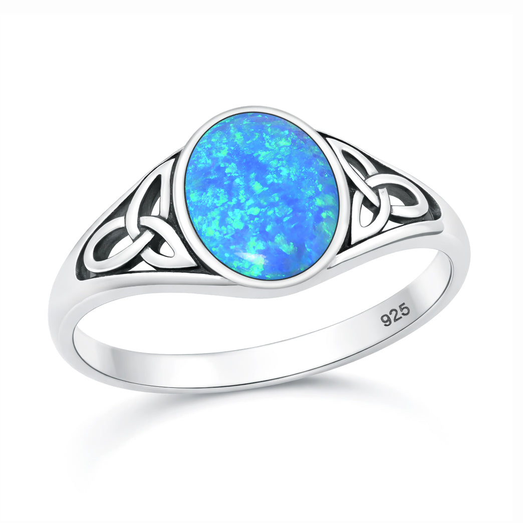 Sterling Silver Blue Synthetic Opal Celtic Knot Ring