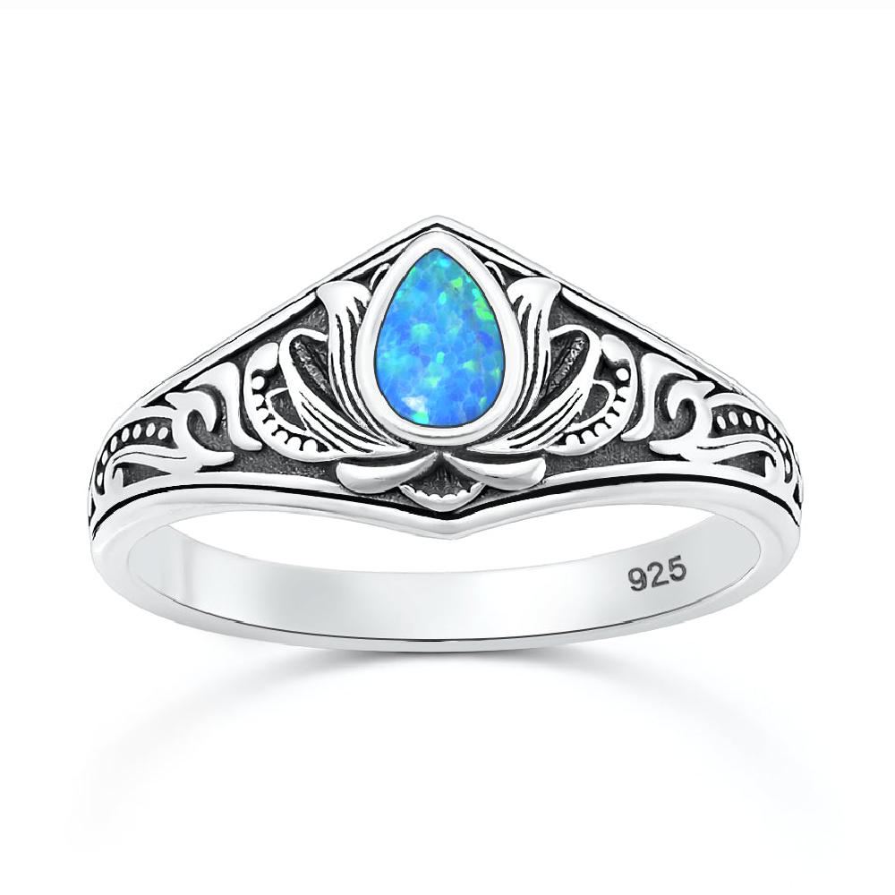 Sterling Silver Blue Synthetic Opal Lotus Ring