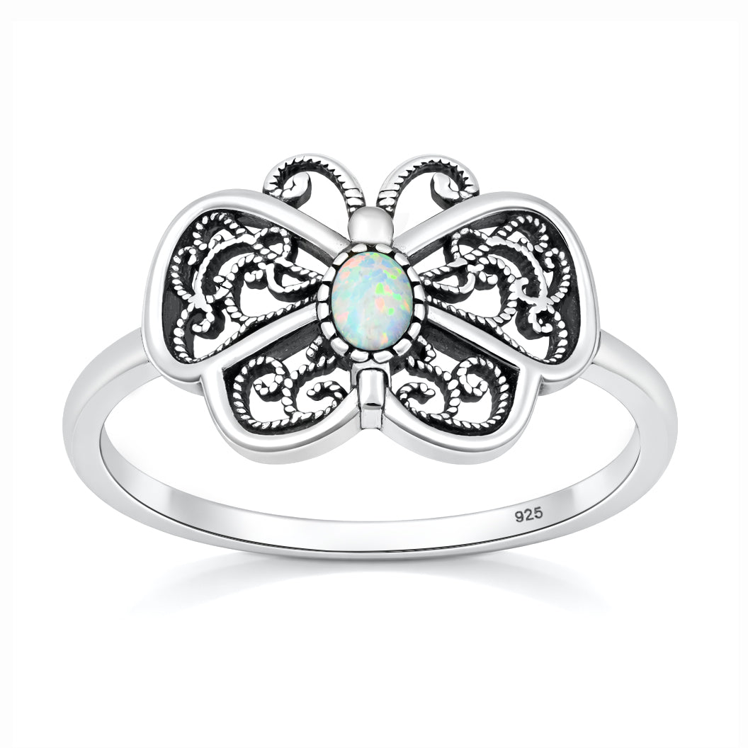 Sterling Silver White Synthetic Opal Butterfly Ring