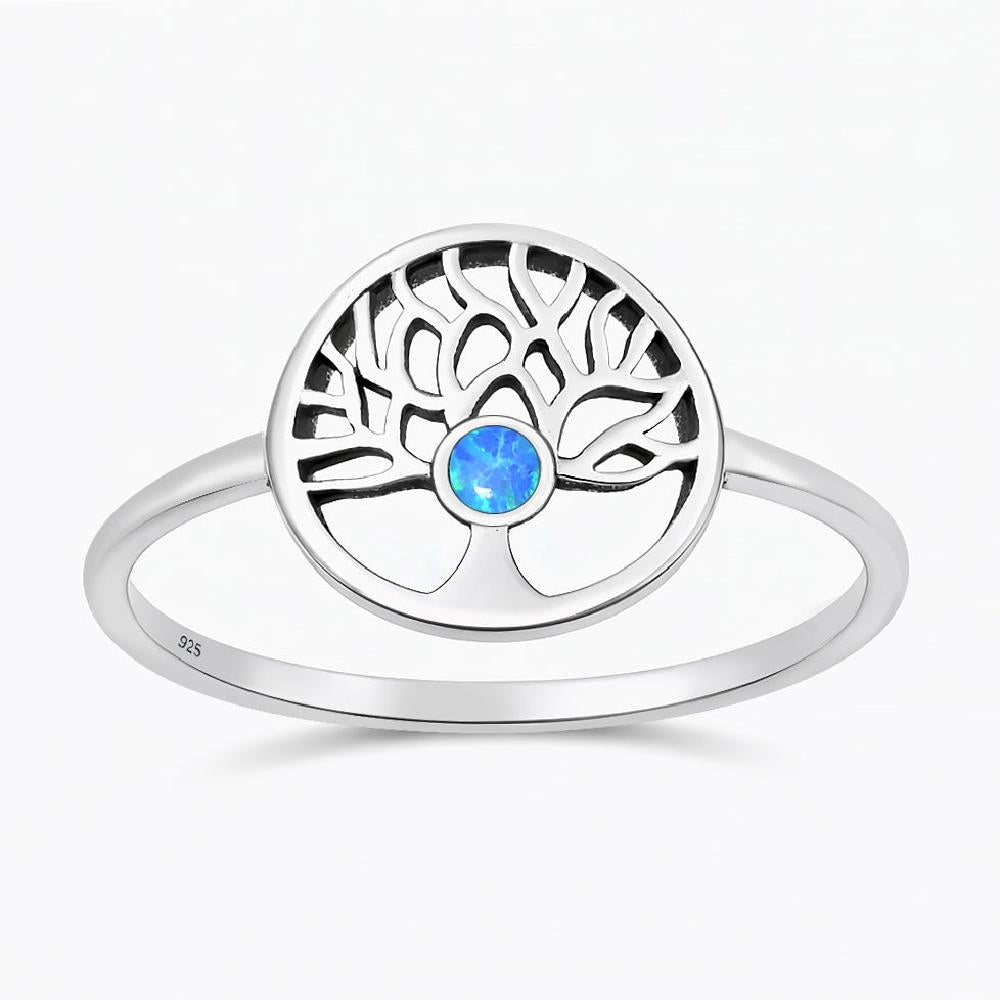 Sterling Silver Blue Synthetic Opal Tree of Life Ring