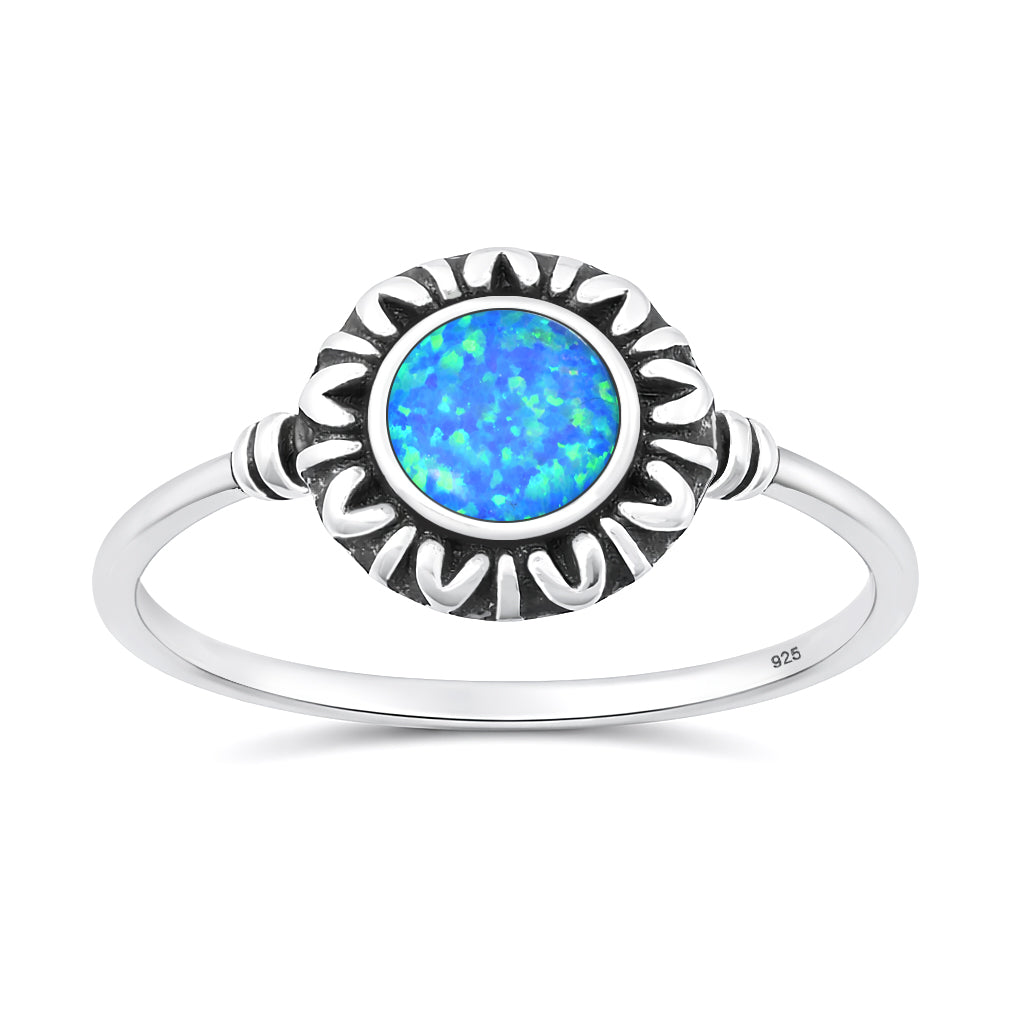 Sterling Silver Blue Synthetic Opal Sunburst Ring