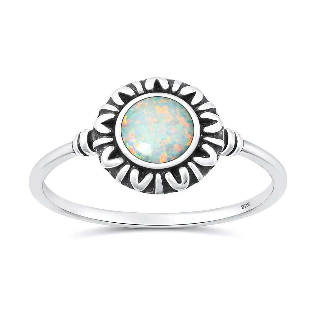 Sterling Silver White Synthetic Opal Sunburst Ring
