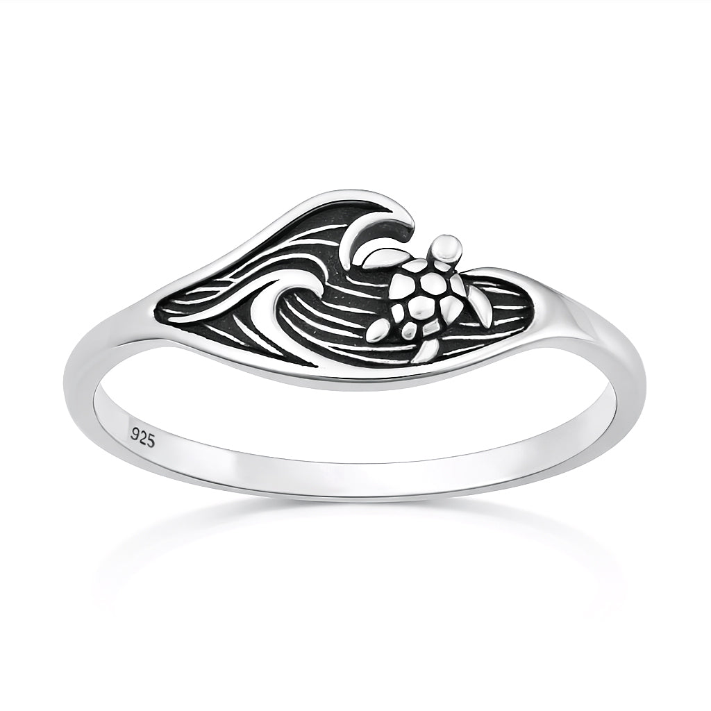 Sterling Silver Sea Turtle Ocean Wave Ring