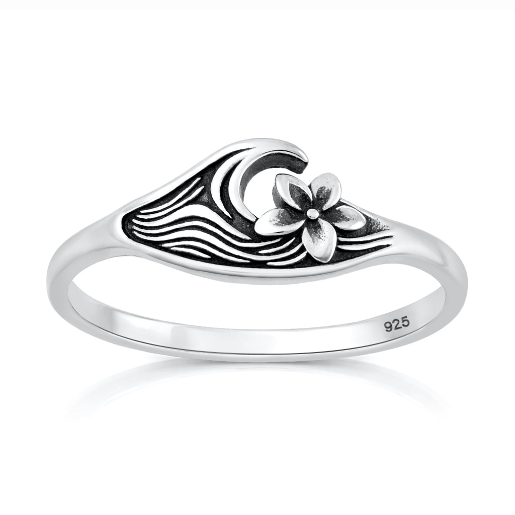 Sterling Silver Flower Ocean Wave Ring