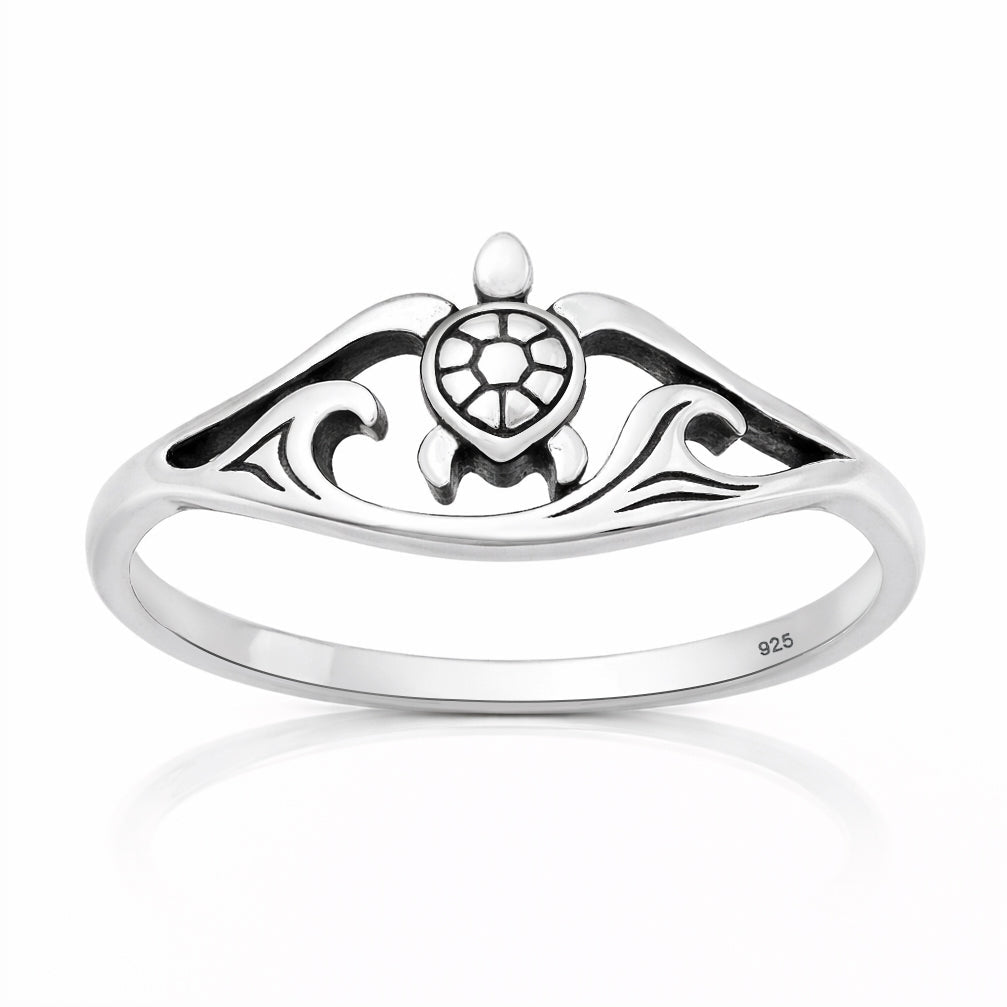 Sterling Silver Sea Turtle Beach Wave Ring