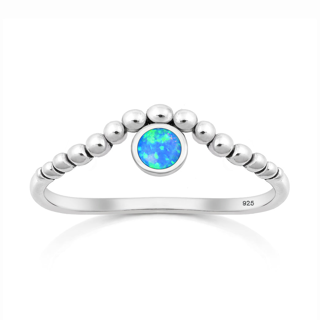 Sterling Silver Blue Synthetic Opal Beaded Chevron Ring