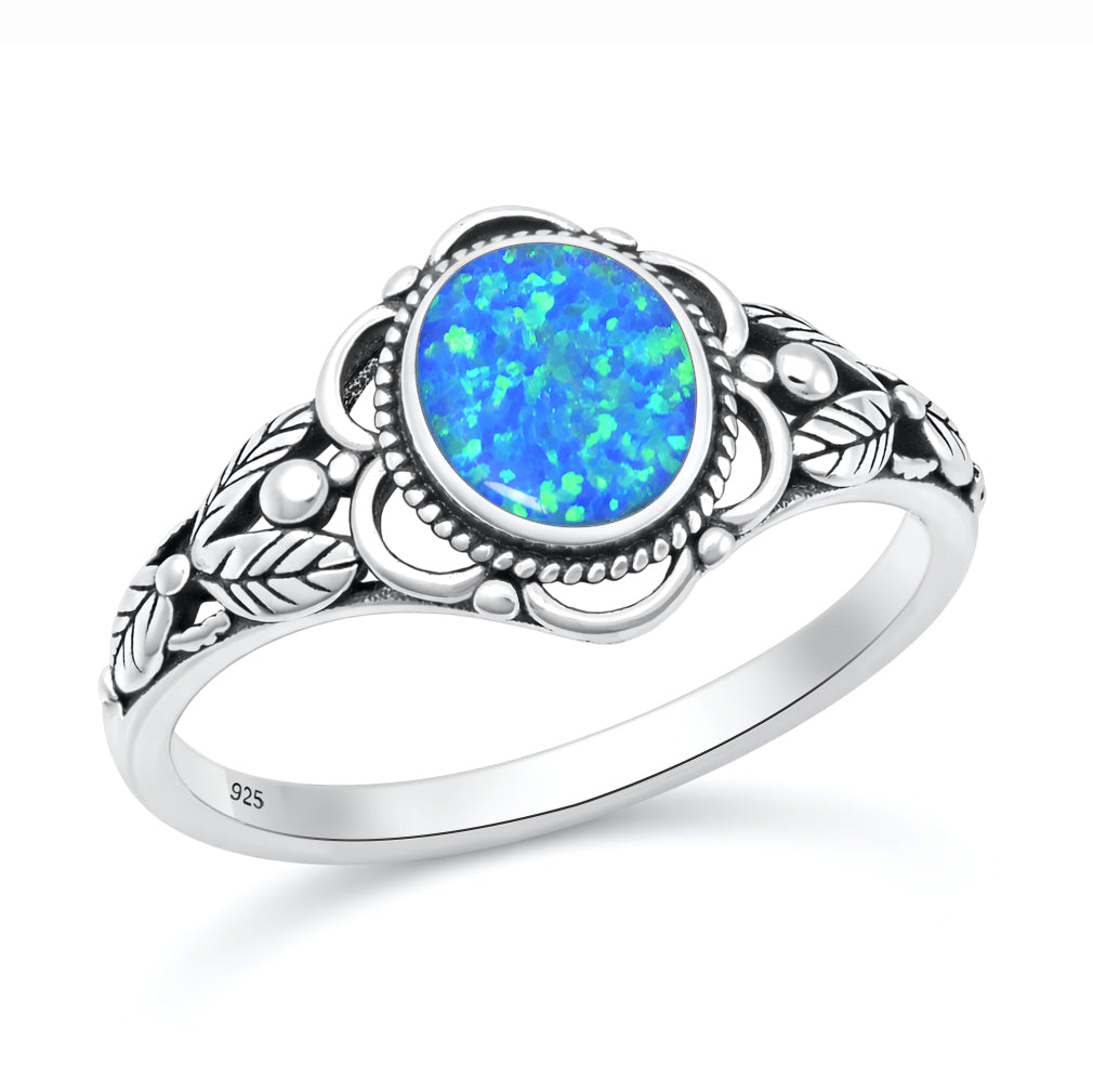 Sterling Silver Blue Synthetic Opal Bali Leaf Ring
