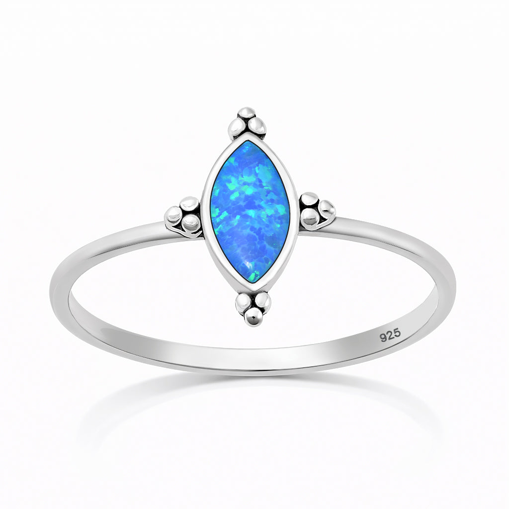 Sterling Silver Blue Synthetic Opal Bali Inspired Marquise Ring