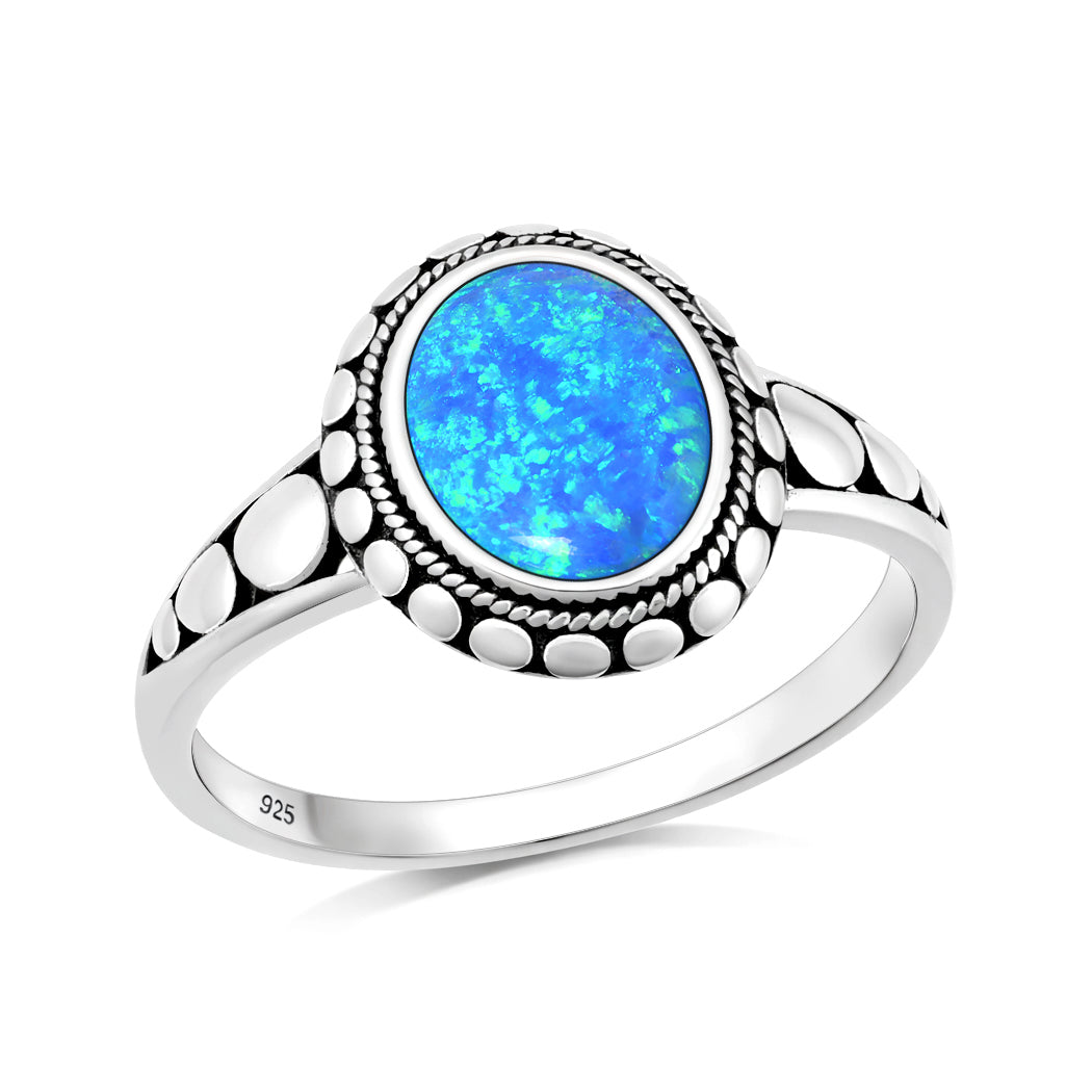 Sterling Silver Blue Synthetic Opal Bali Design Ring