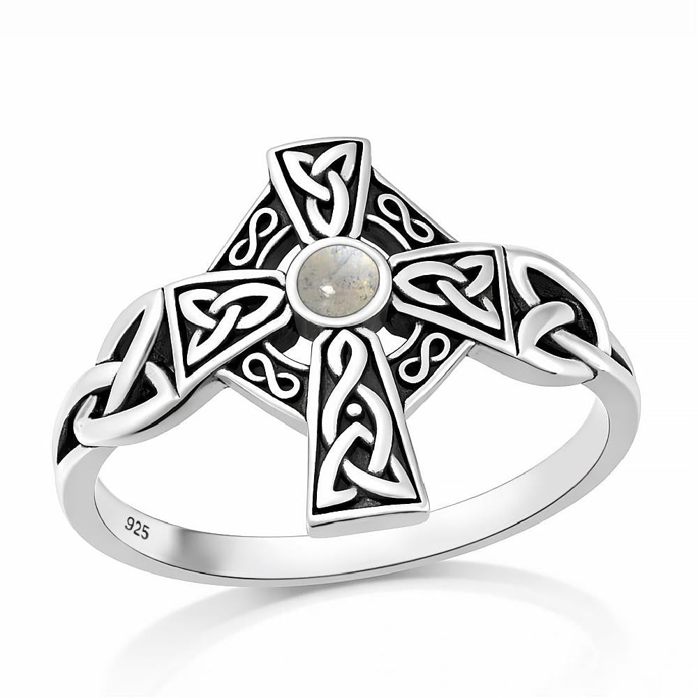 Sterling Silver Moonstone Celtic Cross Ring