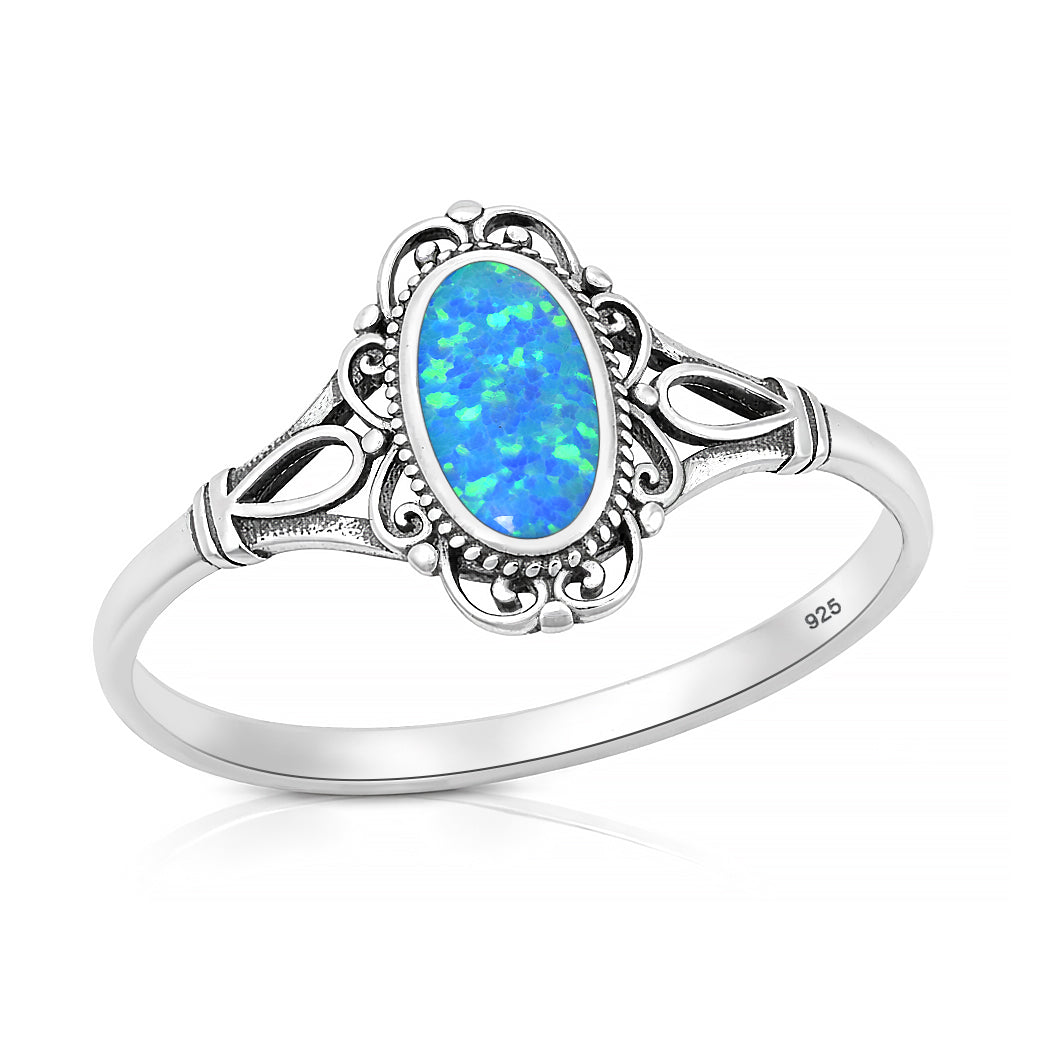 Sterling Silver Blue Synthetic Opal Filigree Ring
