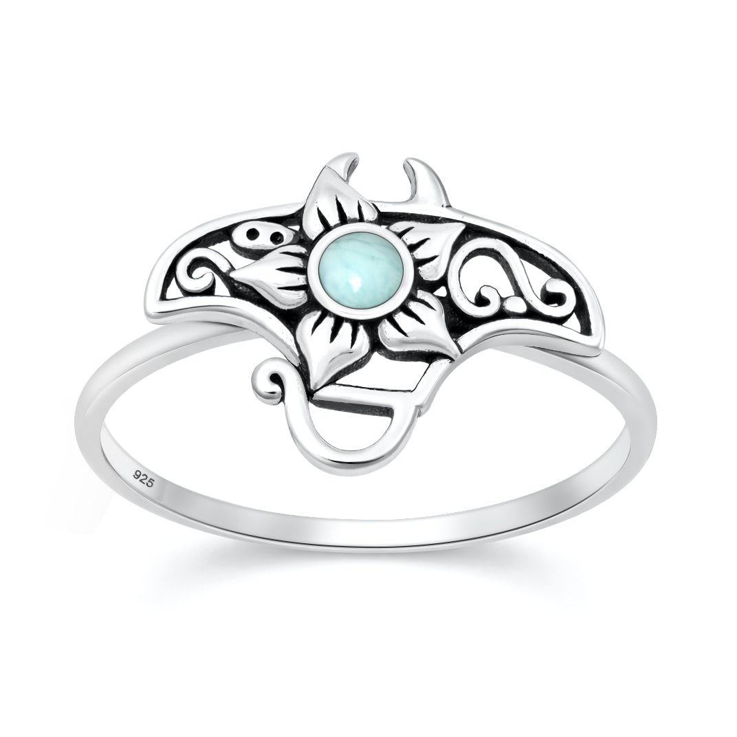 Sterling Silver Larimar Manta Ray Flower Ring