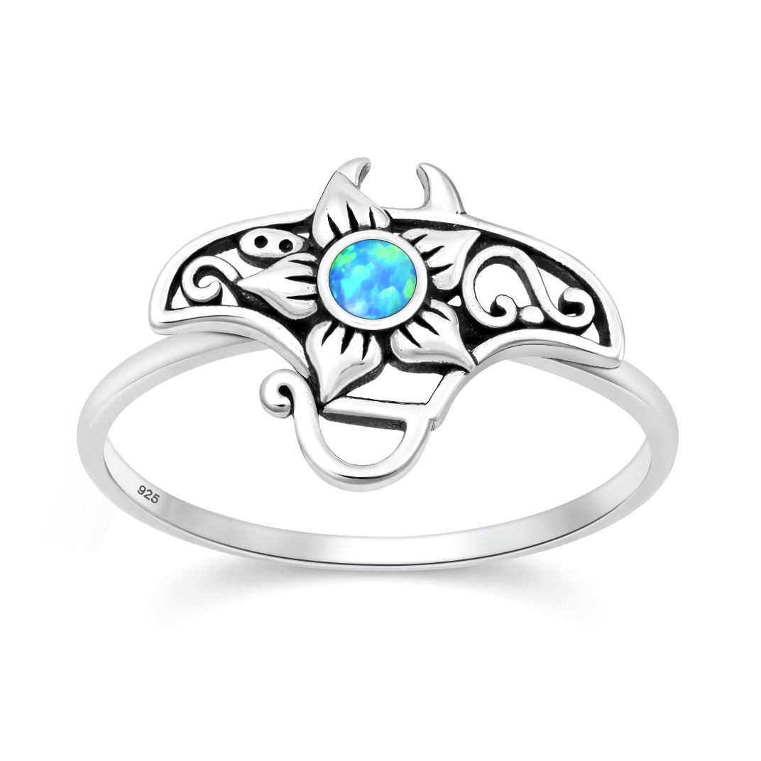 Sterling Silver Blue Synthetic Opal Manta Ray Flower Ring