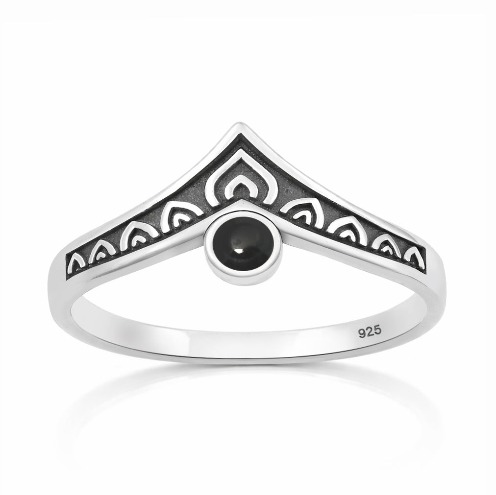 Sterling Silver Black Agate Chevron Crown Ring
