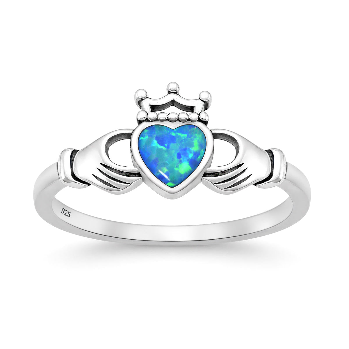 Sterling Silver Blue Synthetic Opal Celtic Claddagh Ring