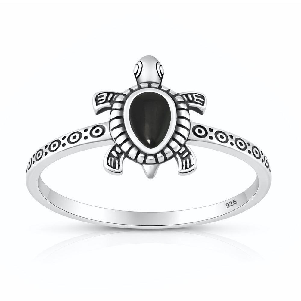 Sterling Silver Black Agate Sea Turtle Ring