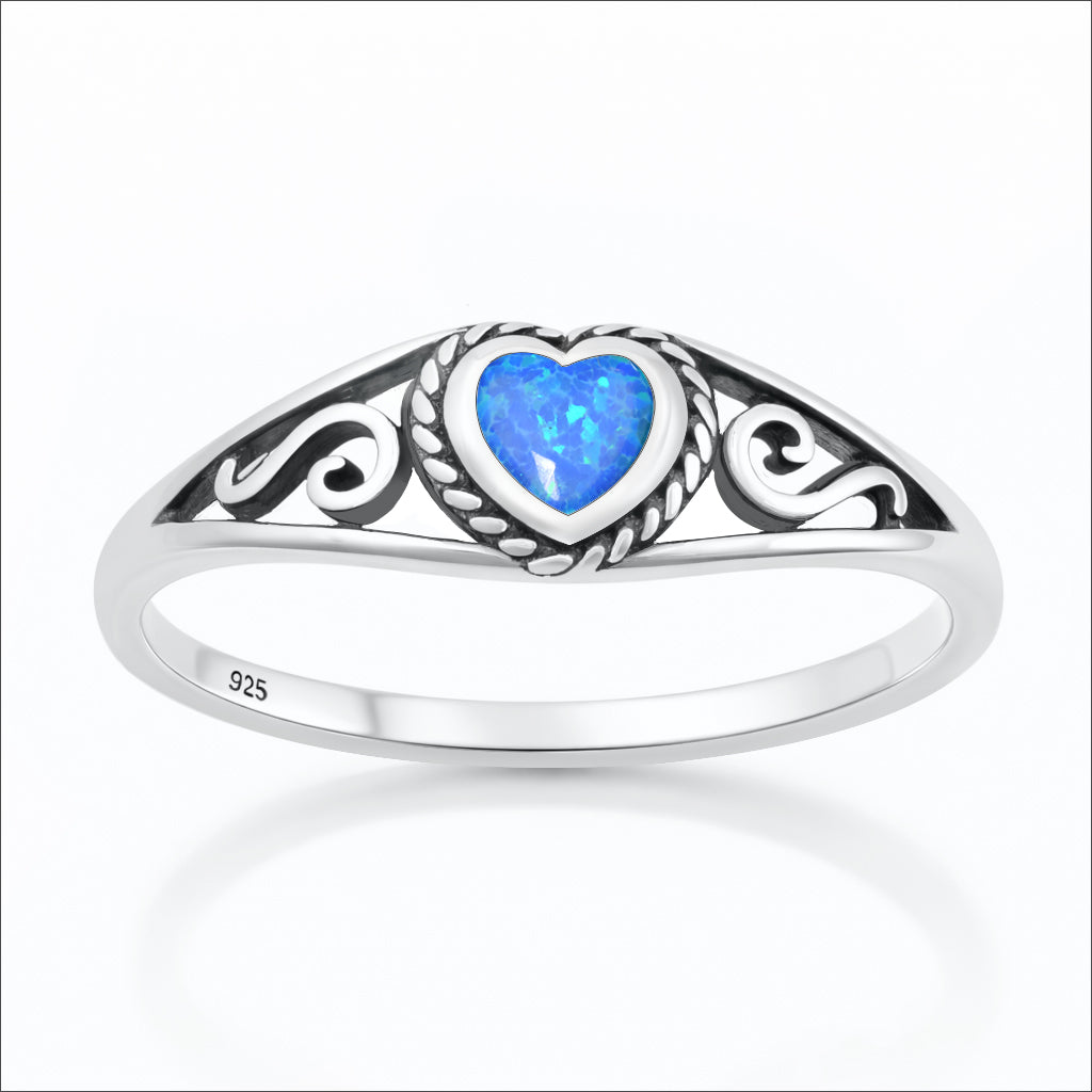 Sterling Silver Blue Synthetic Opal Celtic Heart Ring