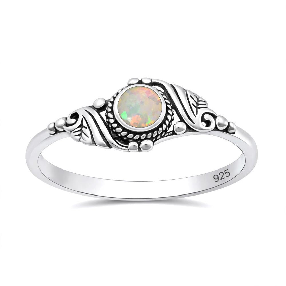 Sterling Silver White Synthetic Opal Leaves Ring