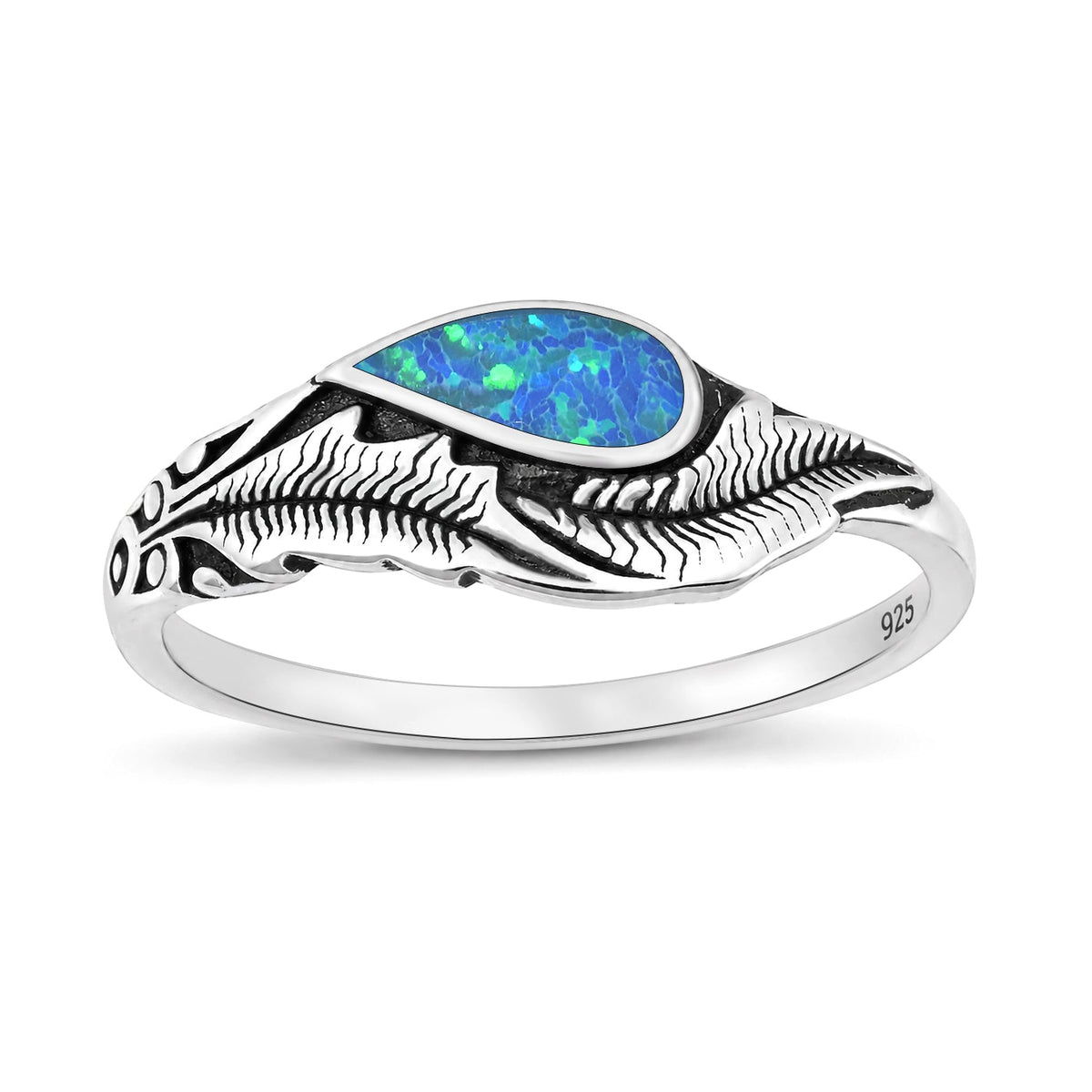 Sterling Silver Blue Synthetic Opal Feather Ring