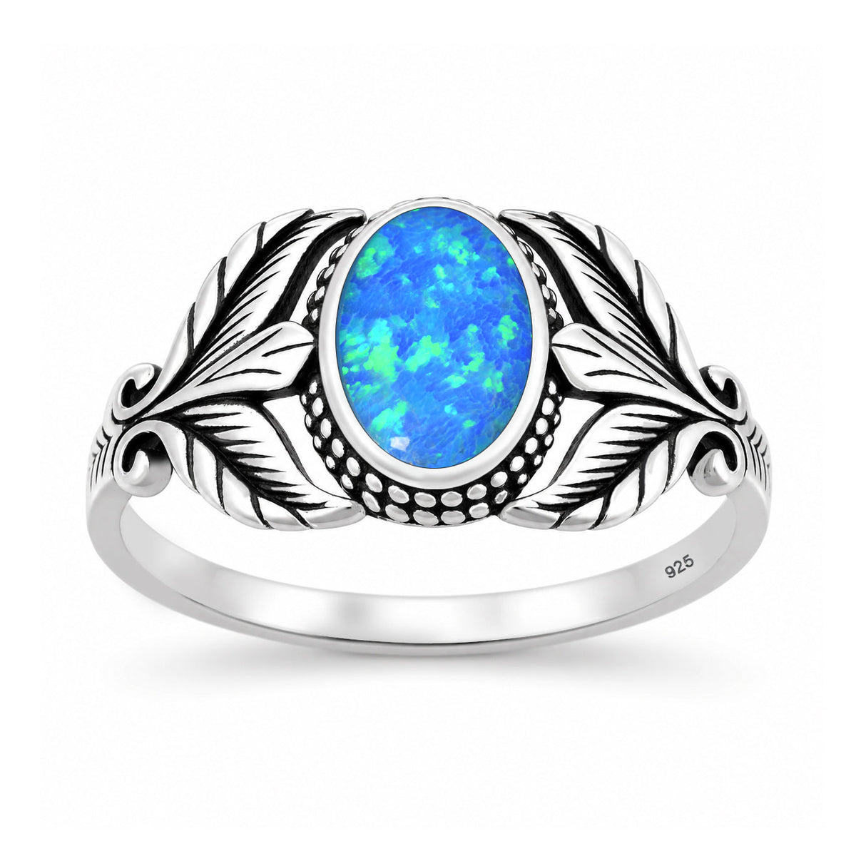 Sterling Silver Blue Synthetic Opal Leaf Ring