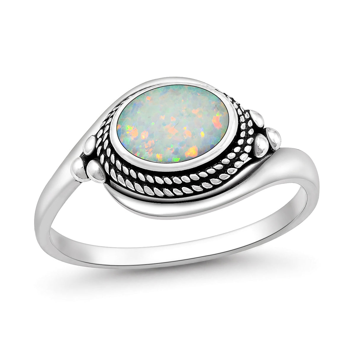 Sterling Silver Bali Style White Synthetic Opal Ring