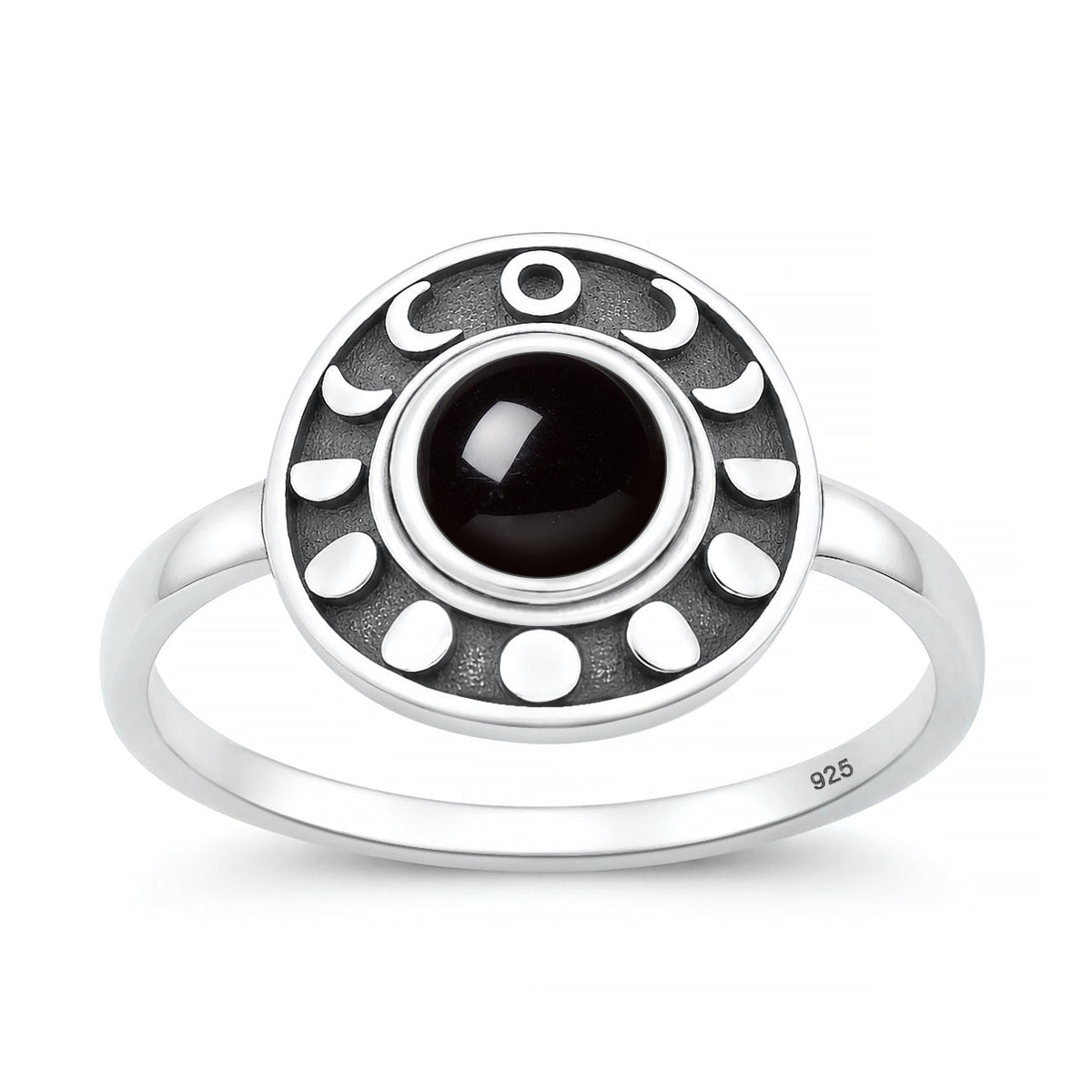 Sterling Silver Black Agate Moon Phases Ring