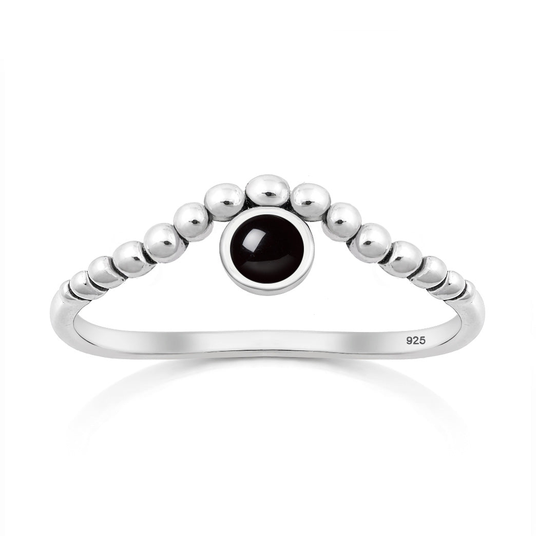 Sterling Silver Black Agate Beaded Ring