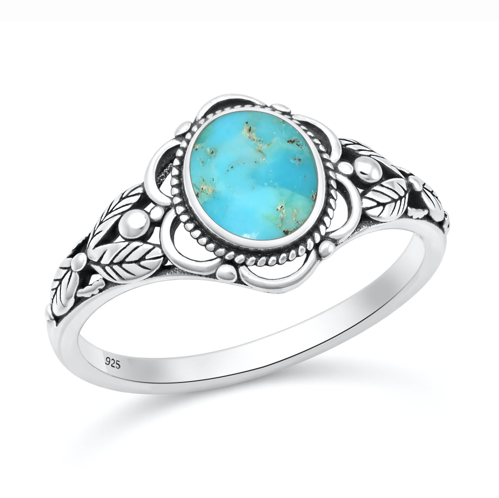 Sterling Silver Turquoise Leaf Flower Ring