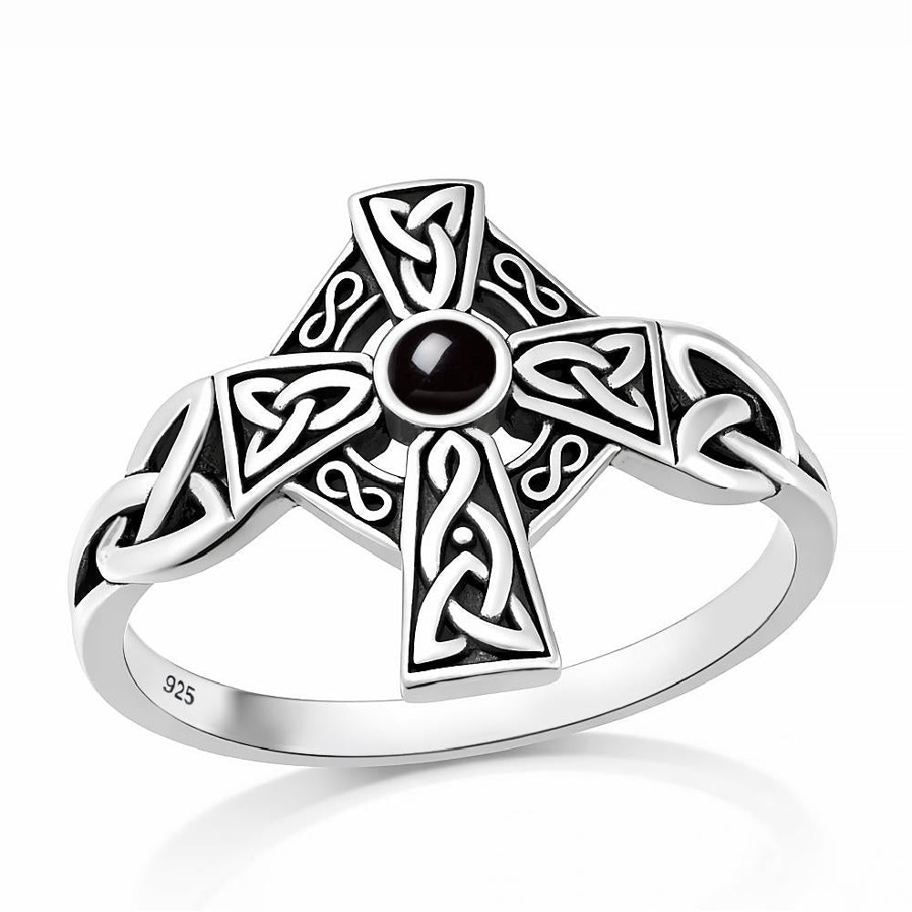 Sterling Silver Black Agate Celtic Cross Ring
