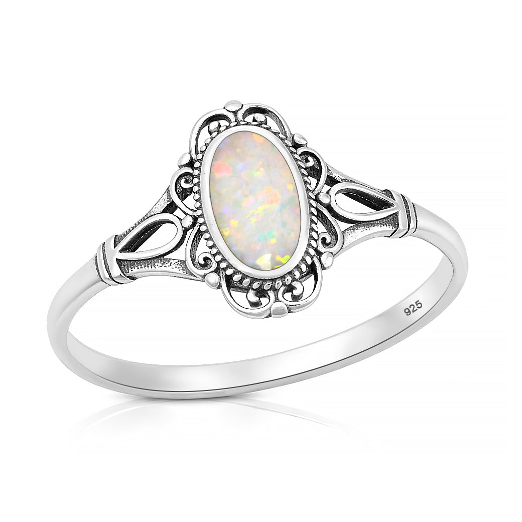 Sterling Silver White Synthetic Opal Filigree Ring
