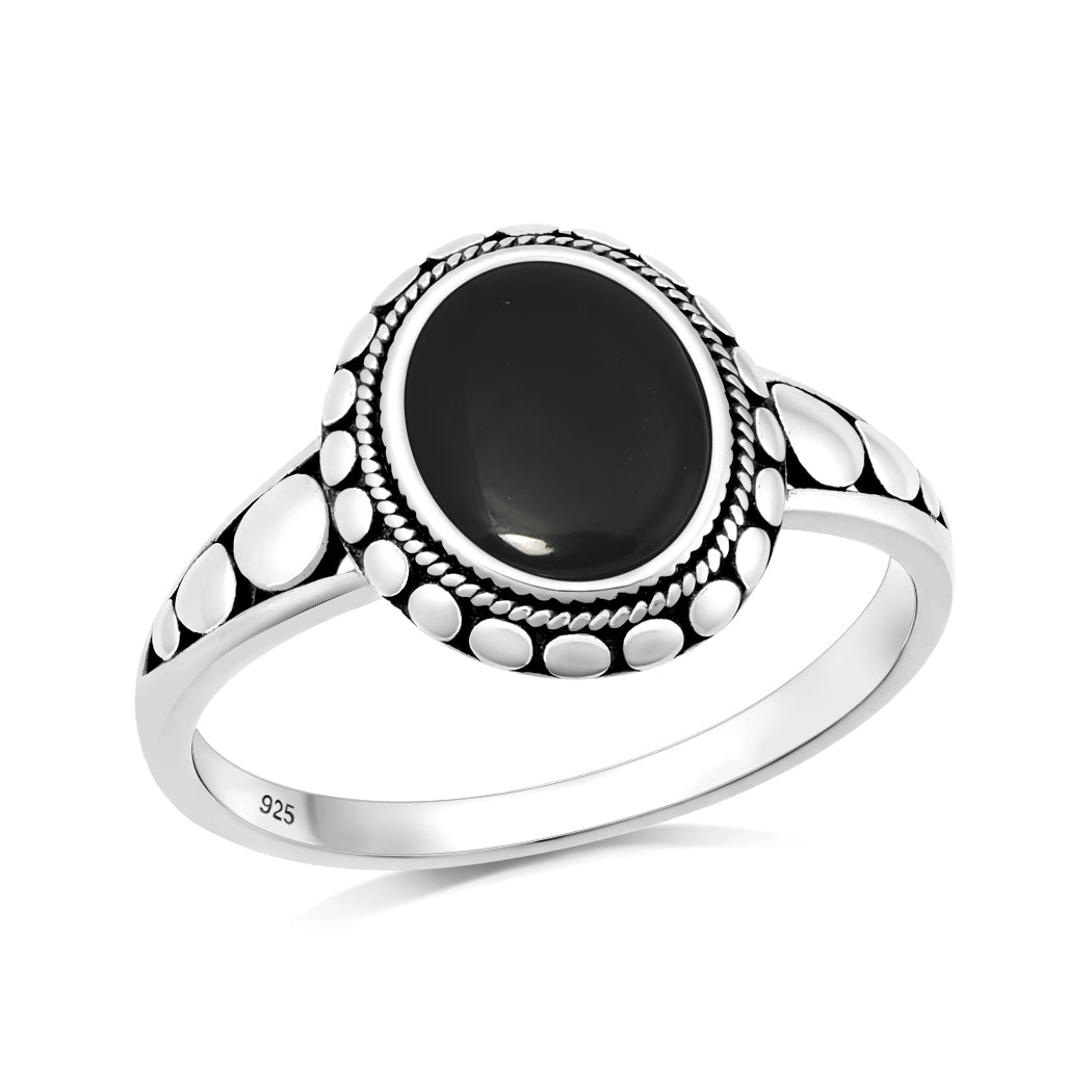 Sterling Silver Black Agate Bali Style Ring