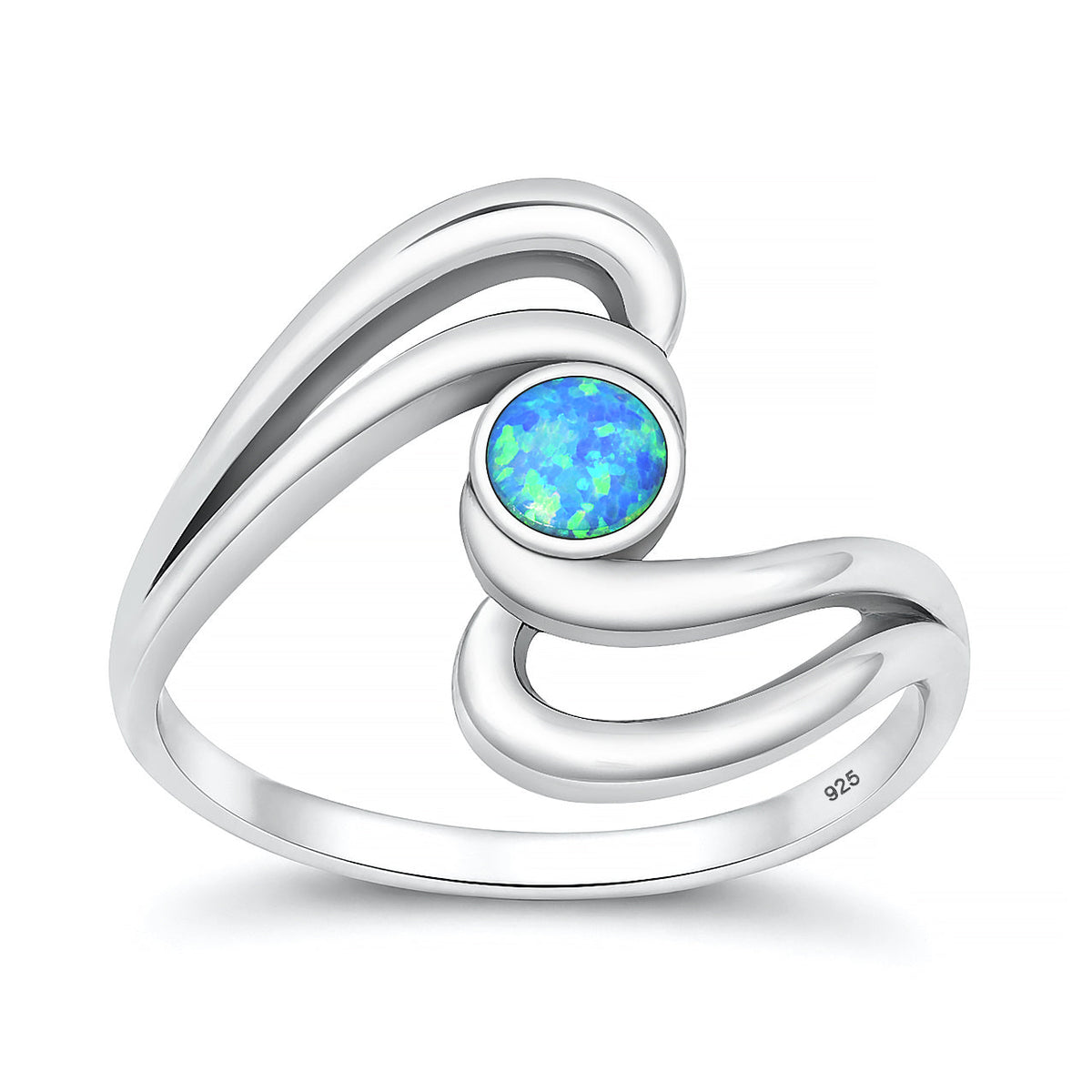 Sterling Silver Blue Synthetic Opal Swirl Spiral Wave Ring