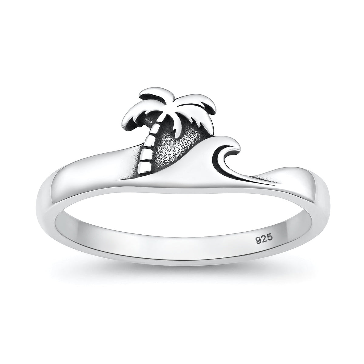 Sterling Silver Beach Palm Tree Wave Ring