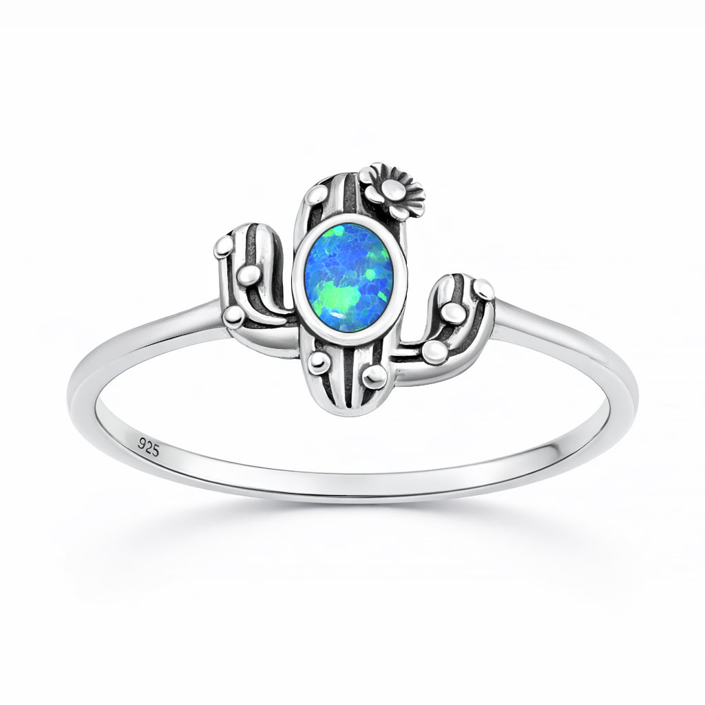 Sterling Silver Blue Synthetic Opal Cactus Ring