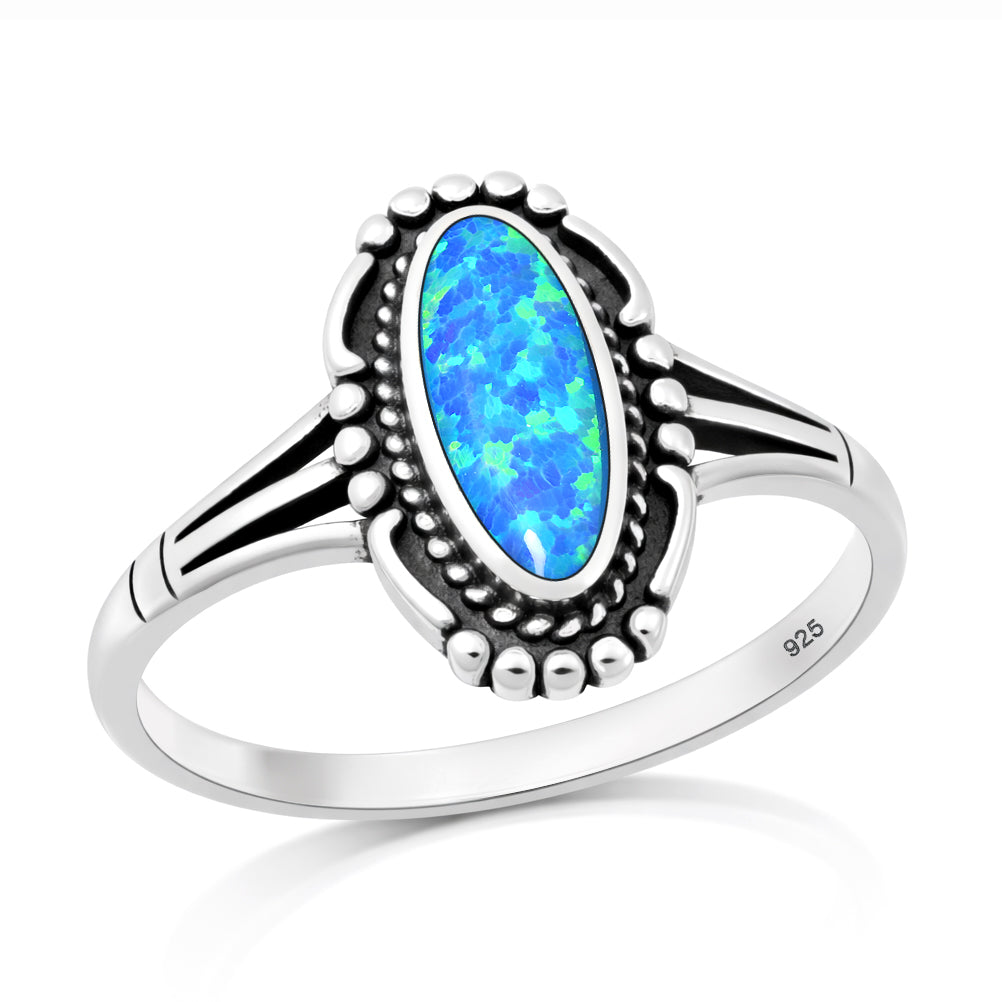 Sterling Silver Blue Synthetic Opal Bohemian Style Ring