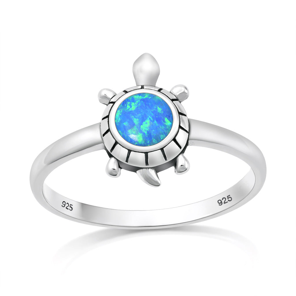 Sterling Silver Blue Synthetic Opal Sea Turtle Ring