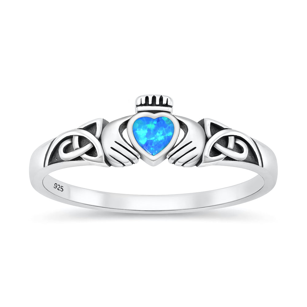 Sterling Silver Blue Synthetic Opal Claddagh Ring