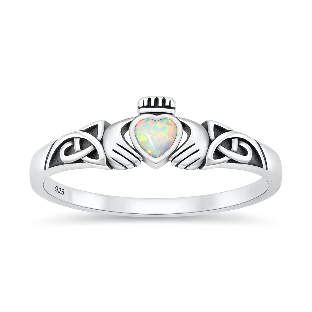 Sterling Silver White Synthetic Opal Claddagh Ring