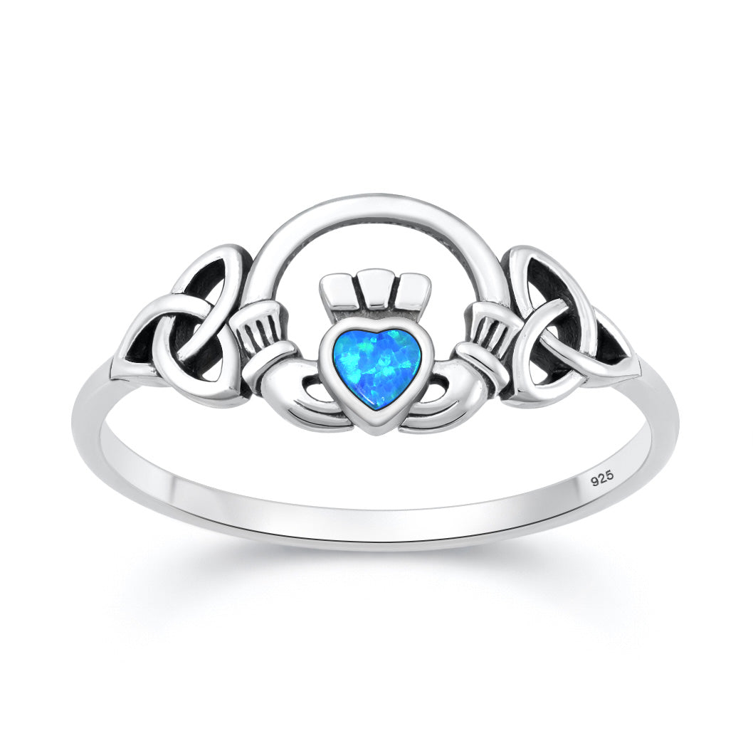 Sterling Silver Blue Synthetic Opal Claddagh Ring