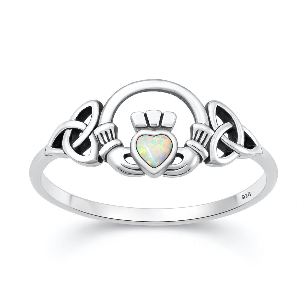 Sterling Silver White Synthetic Opal Claddagh Ring