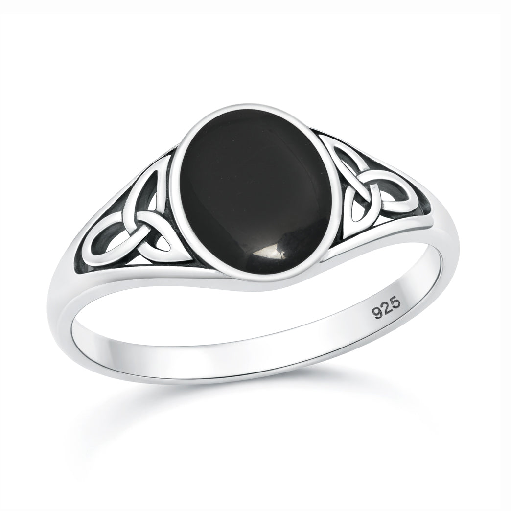 Sterling Silver Black Agate Celtic Knot Ring
