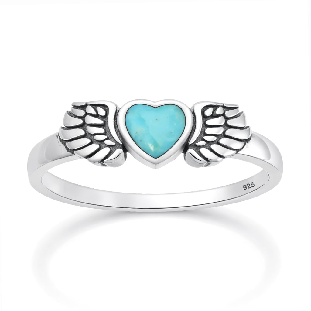 Sterling Silver Turquoise Heart Angel Wings Ring