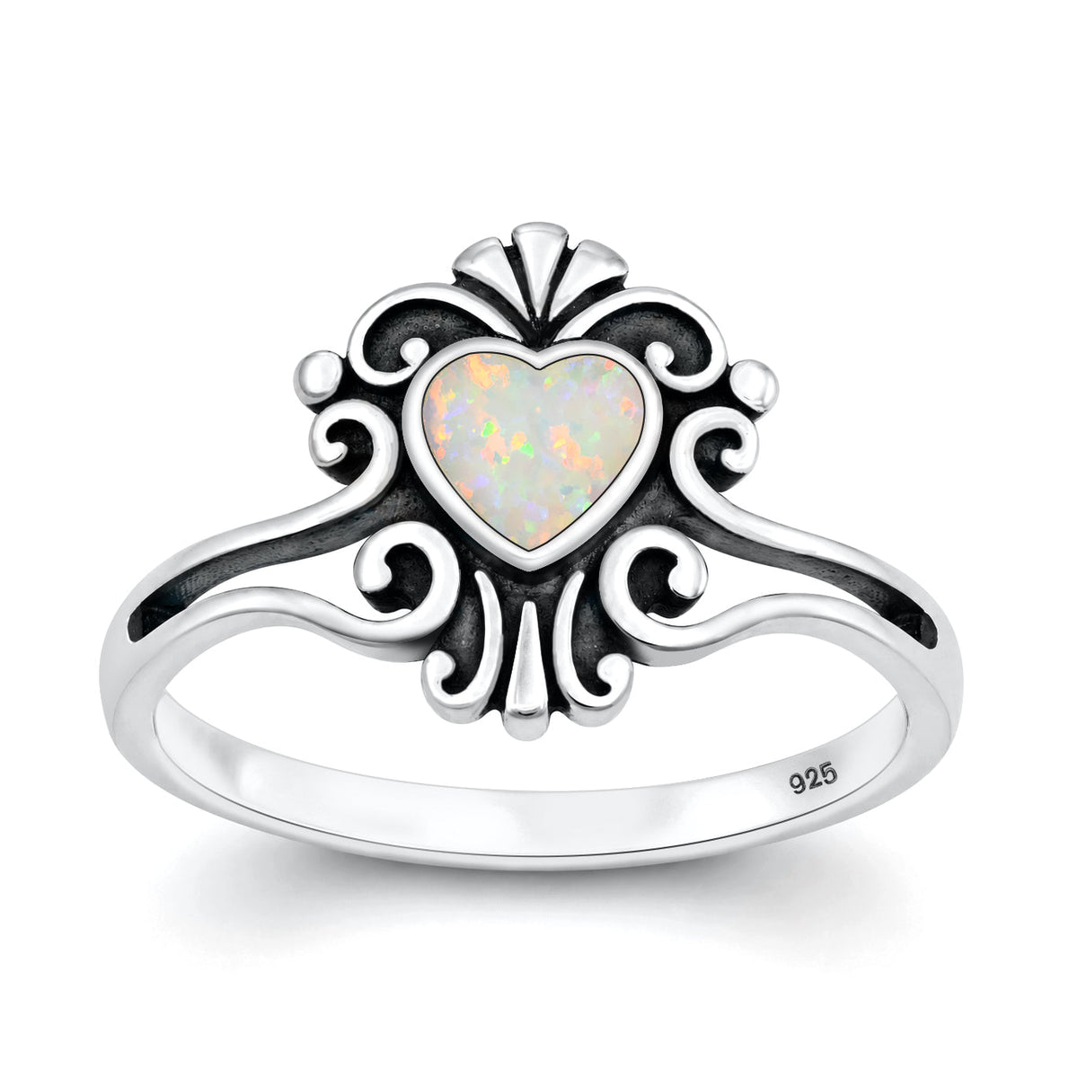 Sterling Silver White Synthetic Opal Heart Ring
